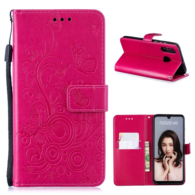 Imprint Butterfly Flower Leather Wallet Case for Huawei P30 Lite / nova 4e - Rose-1