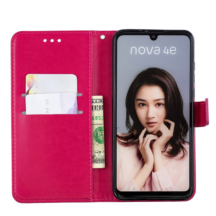 Imprint Butterfly Flower Leather Wallet Case for Huawei P30 Lite / nova 4e - Rose-7