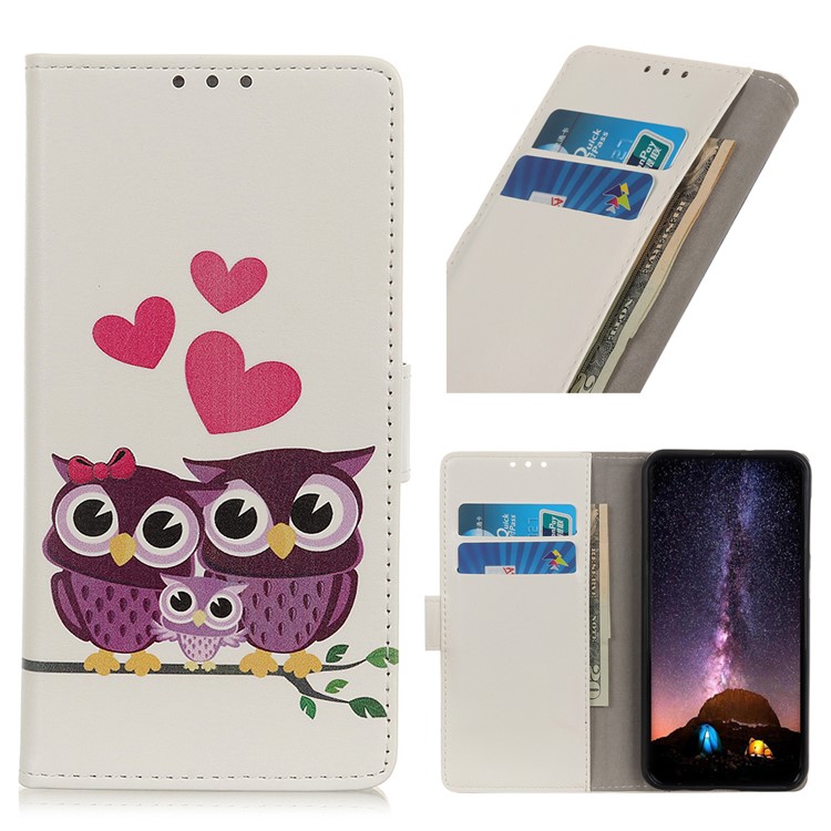 Pattern Printing Leather Wallet Case for Huawei Honor 20 Pro - Owls and Hearts-1