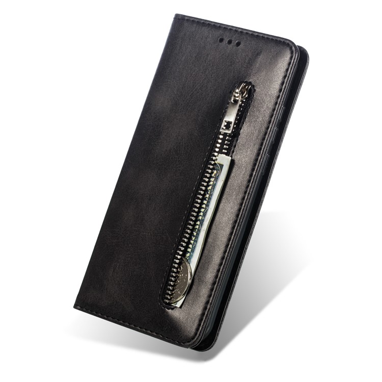 Auto-absorbed Zipper Wallet Leather Cell Phone Casing for Huawei Y6 (2019, with Fingerprint Sensor)/Y6 Prime(2019)/Honor 8A - Black-12
