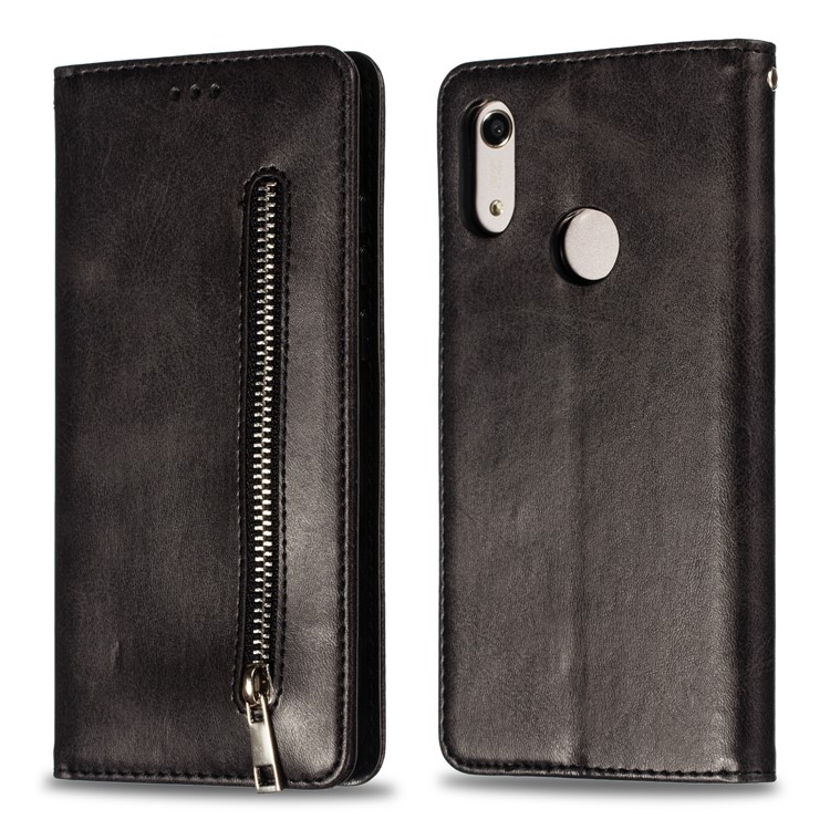 Auto-absorbed Zipper Wallet Leather Cell Phone Casing for Huawei Y6 (2019, with Fingerprint Sensor)/Y6 Prime(2019)/Honor 8A - Black-2