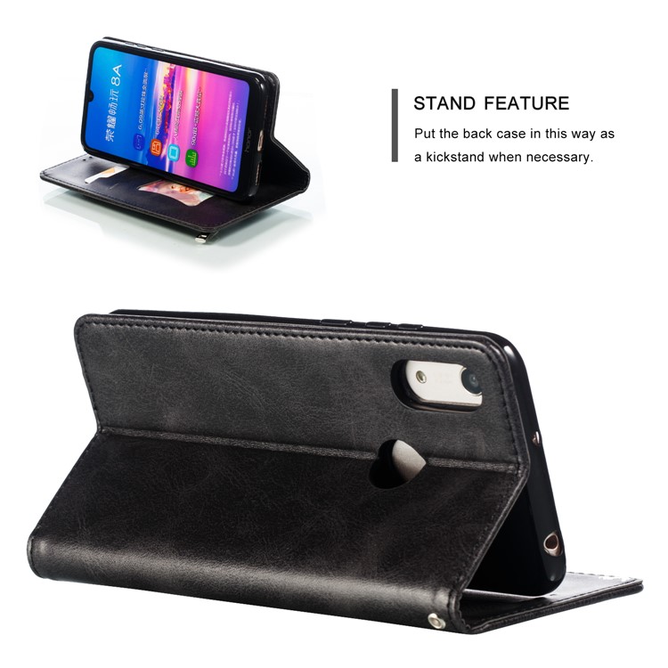 Auto-absorbed Zipper Wallet Leather Cell Phone Casing for Huawei Y6 (2019, with Fingerprint Sensor)/Y6 Prime(2019)/Honor 8A - Black-6