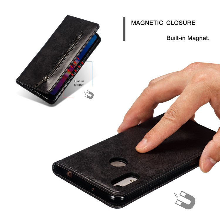 Auto-absorbed Zipper Wallet Leather Cell Phone Casing for Huawei Y6 (2019, with Fingerprint Sensor)/Y6 Prime(2019)/Honor 8A - Black-7