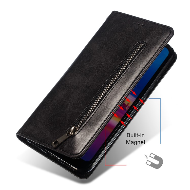Auto-absorbed Zipper Wallet Leather Cell Phone Casing for Huawei Y6 (2019, with Fingerprint Sensor)/Y6 Prime(2019)/Honor 8A - Black-8