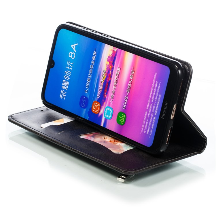 Auto-absorbed Zipper Wallet Leather Cell Phone Casing for Huawei Y6 (2019, with Fingerprint Sensor)/Y6 Prime(2019)/Honor 8A - Black-9