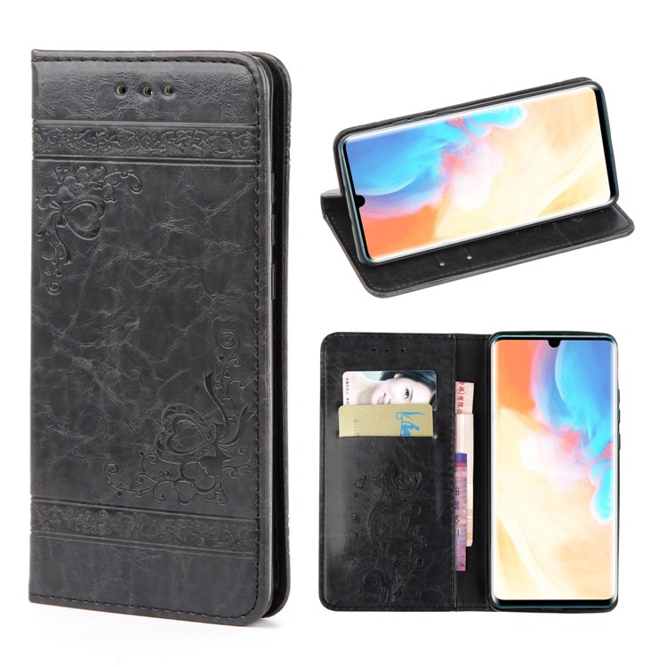 Imprint Hearts Leather Wallet Case for Huawei P30 Pro - Dark Grey-1