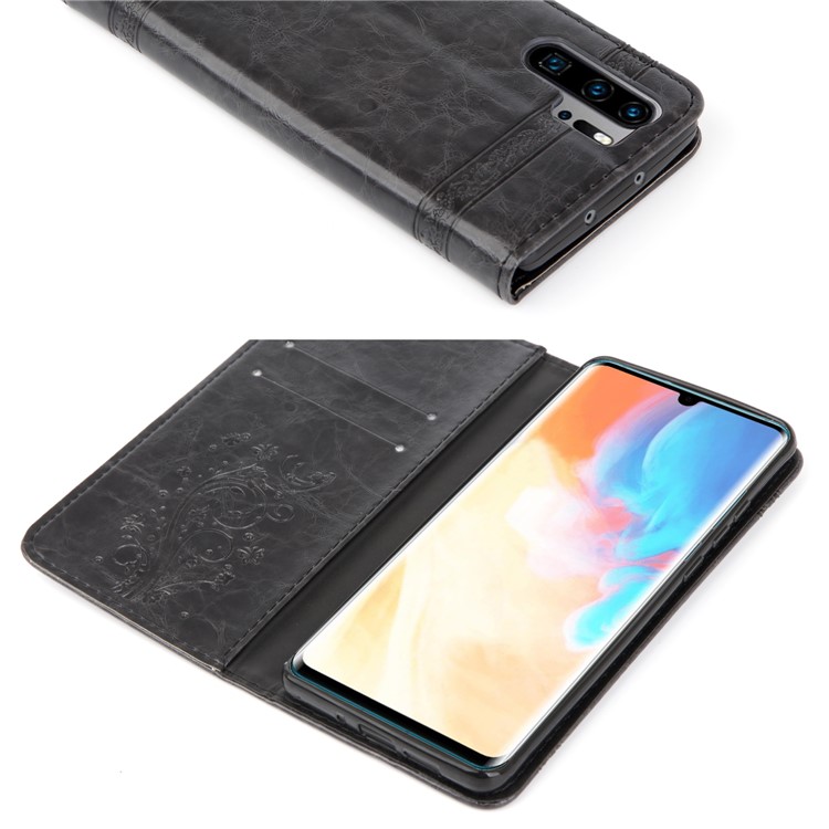 Imprint Hearts Leather Wallet Case for Huawei P30 Pro - Dark Grey-2
