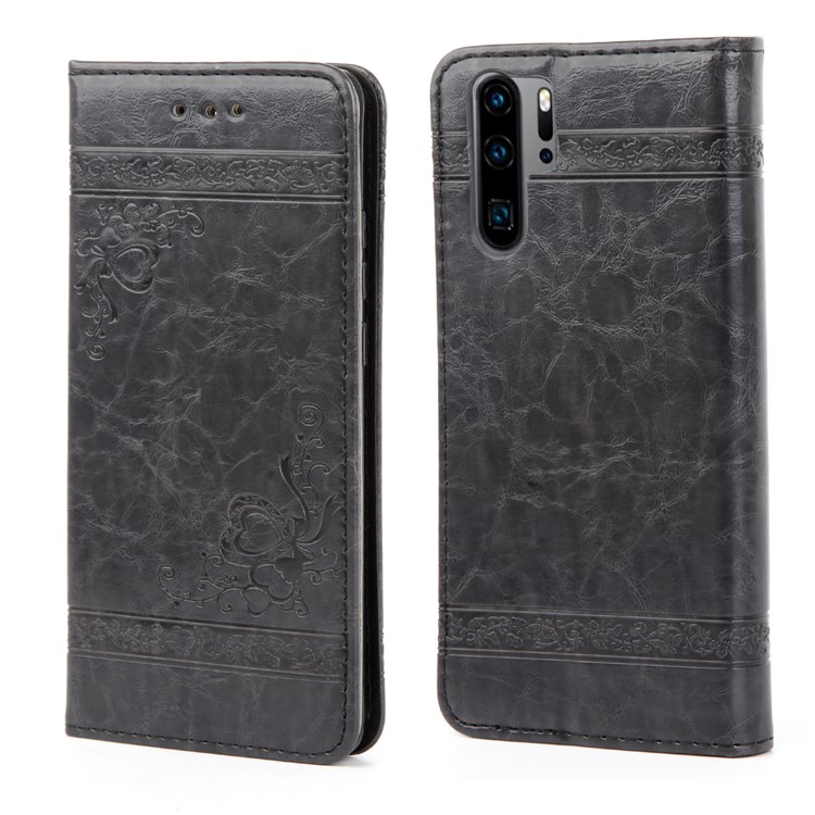 Imprint Hearts Leather Wallet Case for Huawei P30 Pro - Dark Grey-3