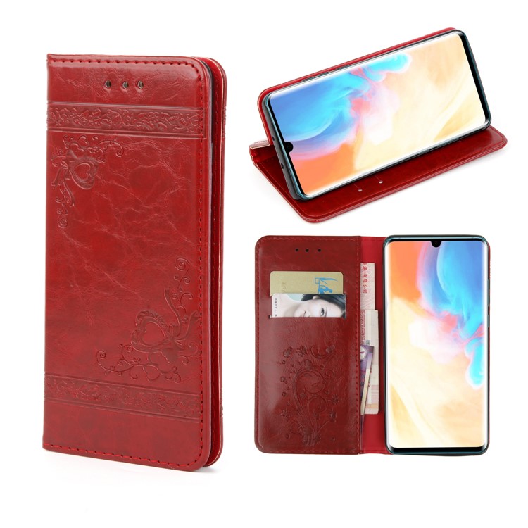Imprint Hearts Leather Wallet Case for Huawei P30 Pro - Red-1