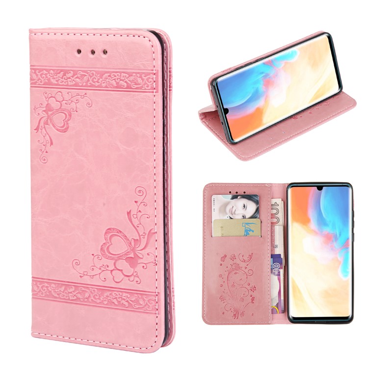 Imprint Hearts Leather Wallet Case for Huawei P30 Pro - Pink-1