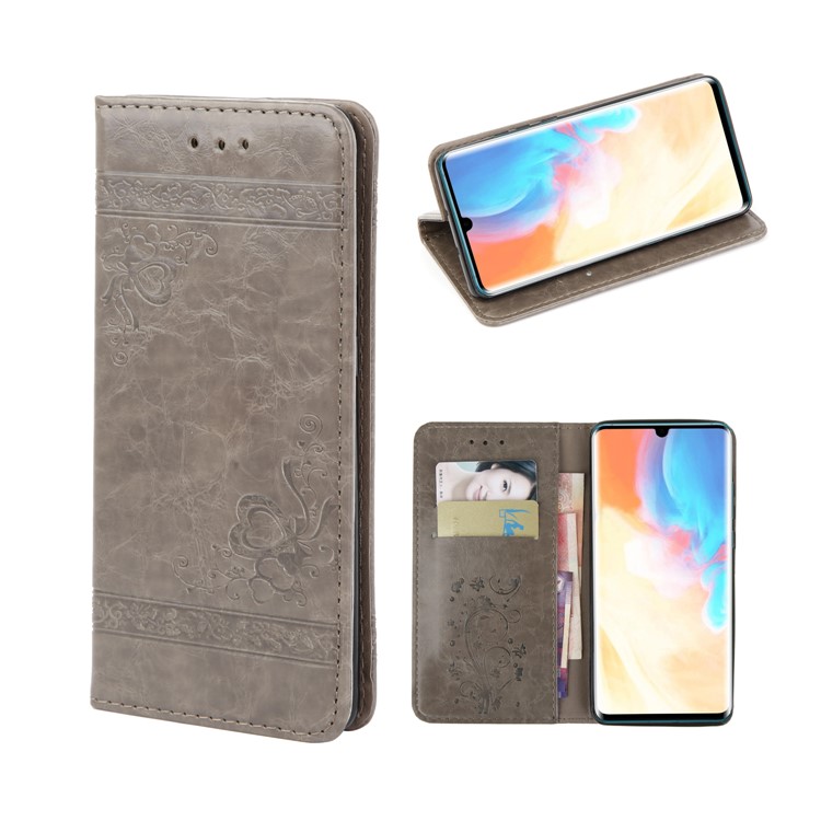 Imprint Hearts Leather Wallet Case for Huawei P30 Pro - Light Grey-1