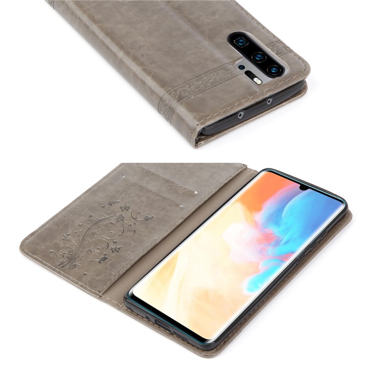 Imprint Hearts Leather Wallet Case for Huawei P30 Pro - Light Grey-2