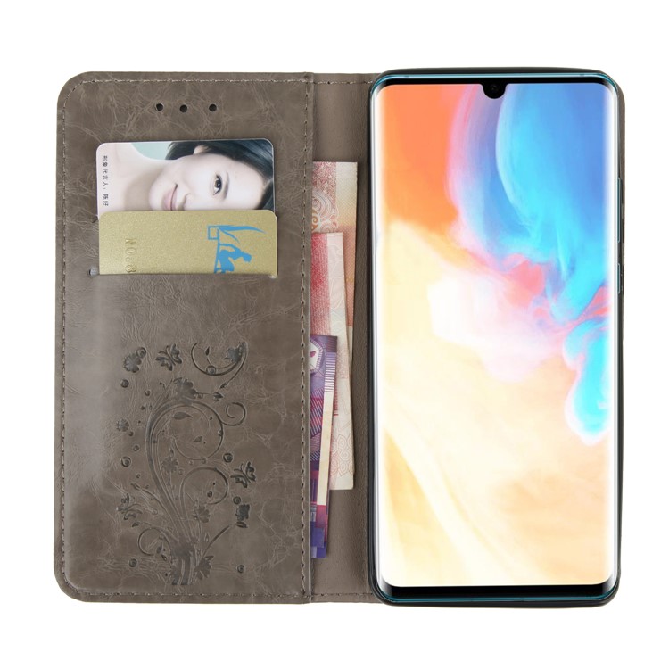 Imprint Hearts Leather Wallet Case for Huawei P30 Pro - Light Grey-5