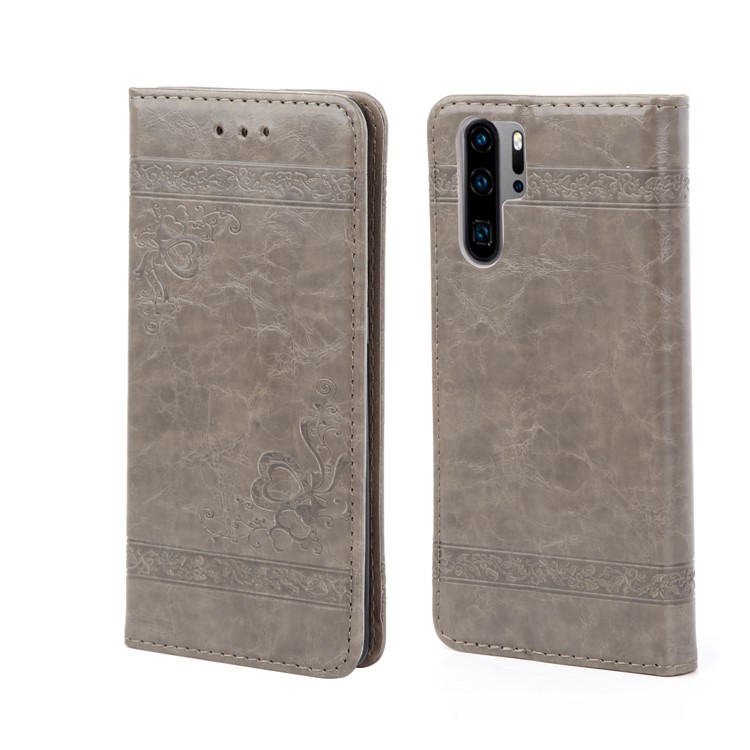 Imprint Hearts Leather Wallet Case for Huawei P30 Pro - Light Grey-7