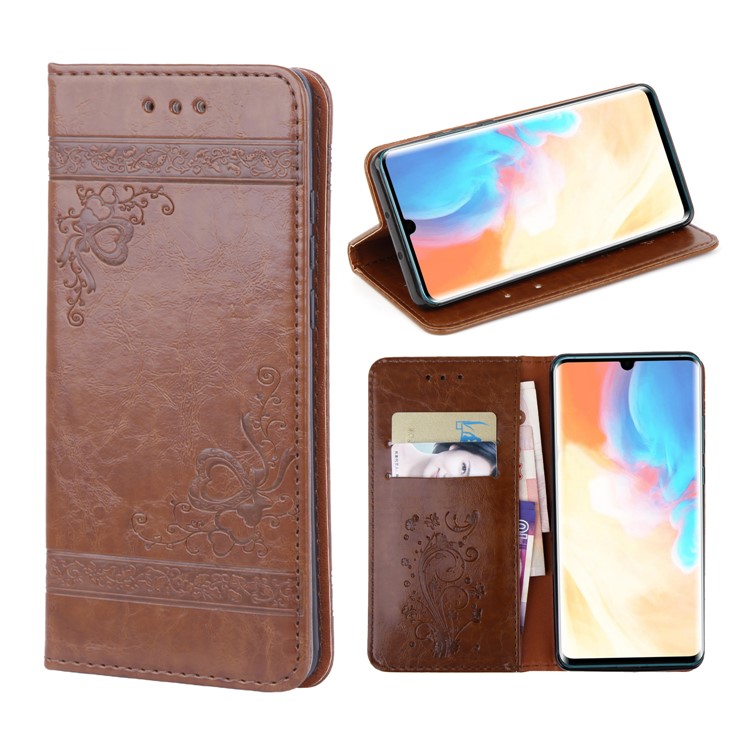 Imprint Hearts Leather Wallet Case for Huawei P30 Pro - Coffee-1