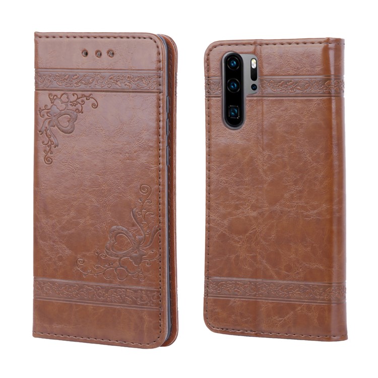 Imprint Hearts Leather Wallet Case for Huawei P30 Pro - Coffee-4