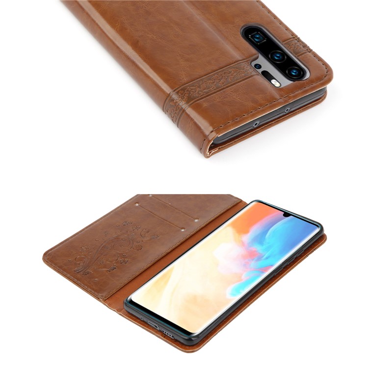 Imprint Hearts Leather Wallet Case for Huawei P30 Pro - Coffee-6