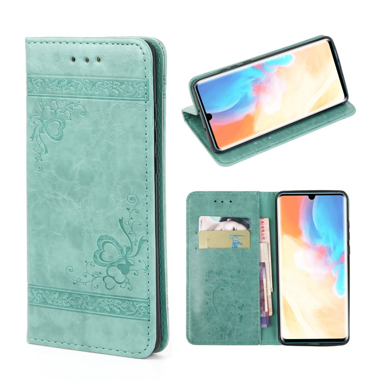 Imprint Hearts Leather Wallet Case for Huawei P30 Pro - Cyan-1
