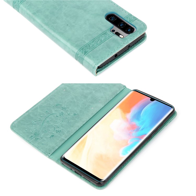 Imprint Hearts Leather Wallet Case for Huawei P30 Pro - Cyan-5