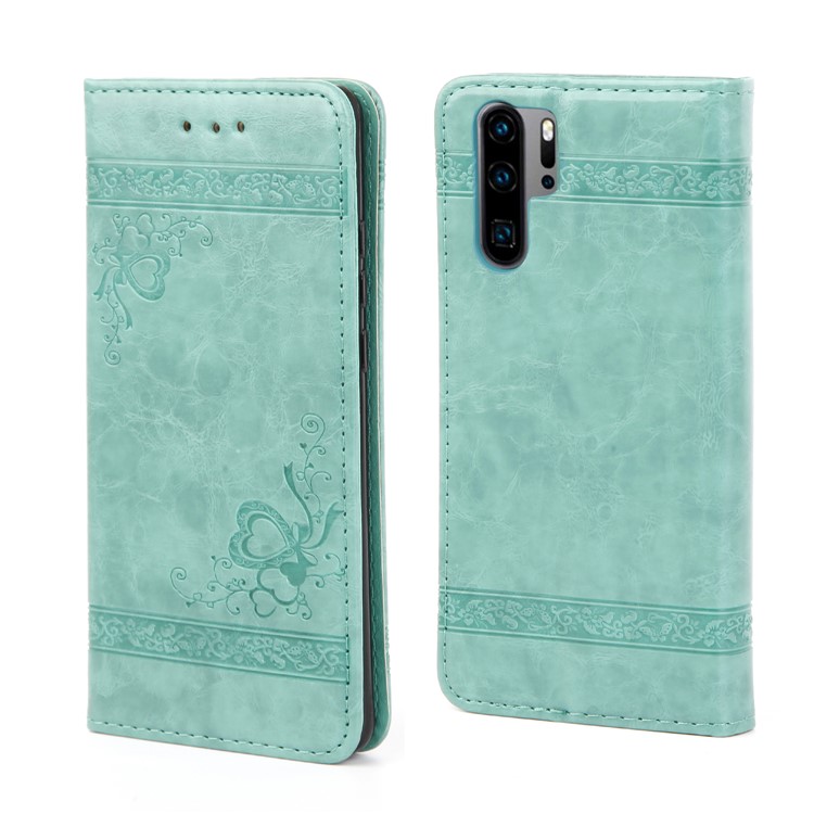 Imprint Hearts Leather Wallet Case for Huawei P30 Pro - Cyan-7
