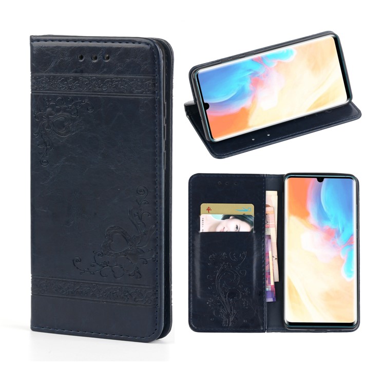 Imprint Hearts Leather Wallet Case for Huawei P30 Pro - Dark Blue-1