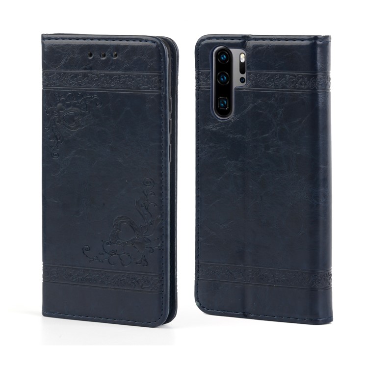 Imprint Hearts Leather Wallet Case for Huawei P30 Pro - Dark Blue-2