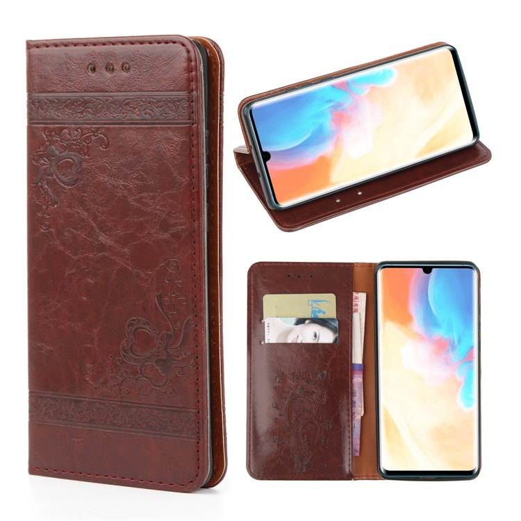Imprint Hearts Leather Wallet Case for Huawei P30 Pro - Brown-1