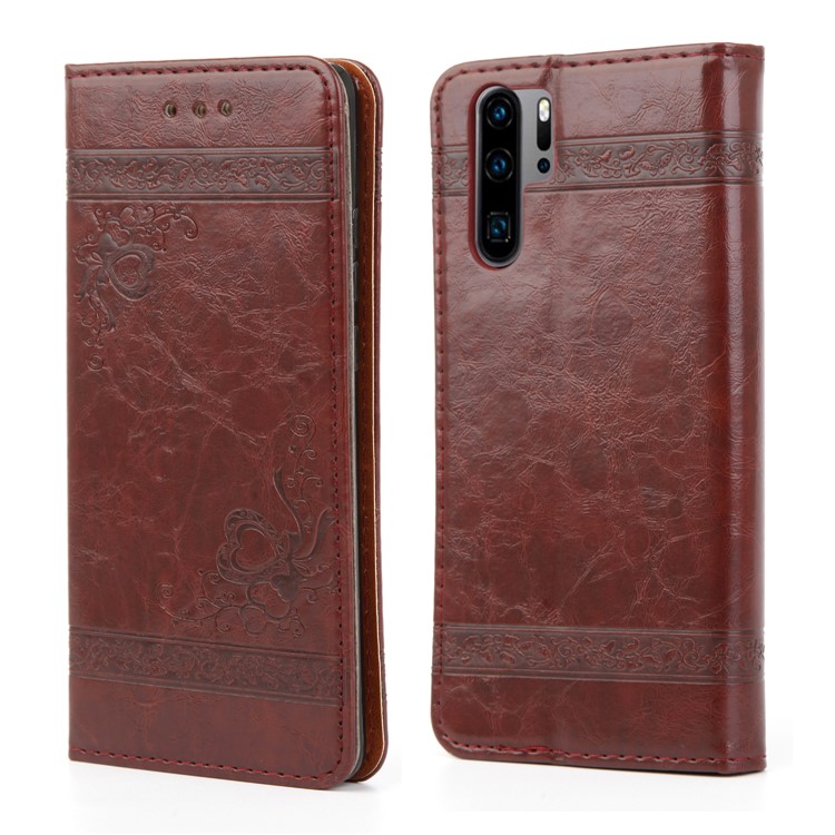 Imprint Hearts Leather Wallet Case for Huawei P30 Pro - Brown-2