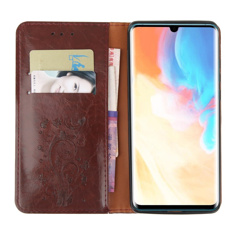 Imprint Hearts Leather Wallet Case for Huawei P30 Pro - Brown-5