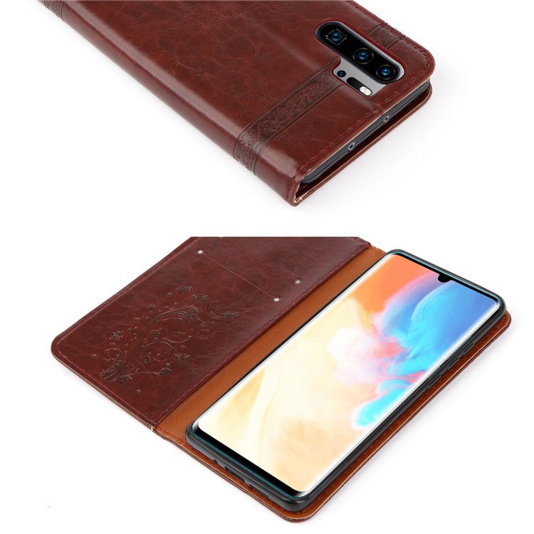 Imprint Hearts Leather Wallet Case for Huawei P30 Pro - Brown-7