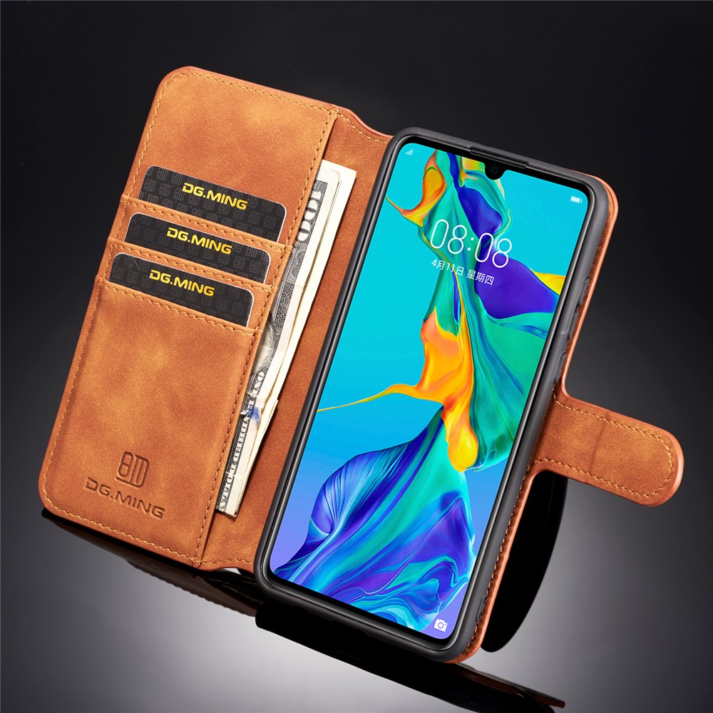 DG.MING Retro Style Leather Wallet Stand Case for Huawei P30 Lite / nova 4e - Brown-7