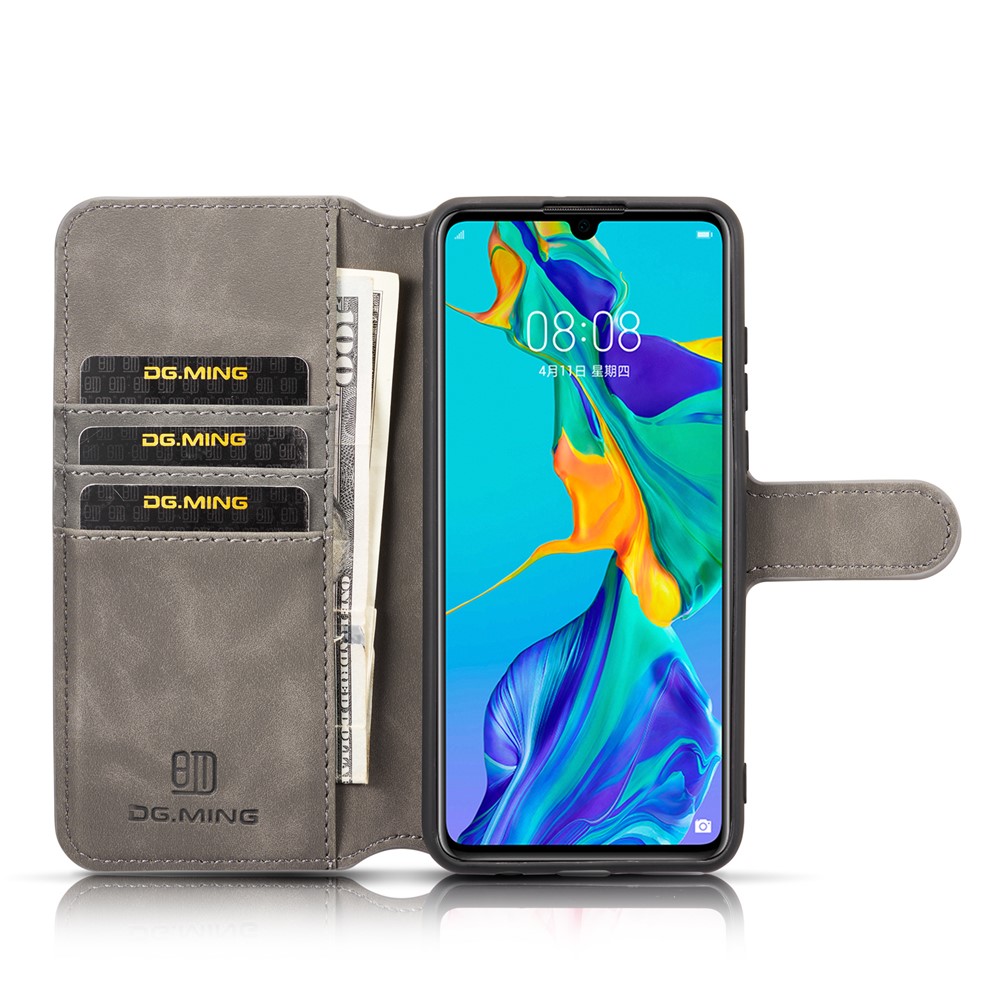 DG.MING Retro Style Leather Wallet Stand Case for Huawei P30 Lite / nova 4e - Grey-4