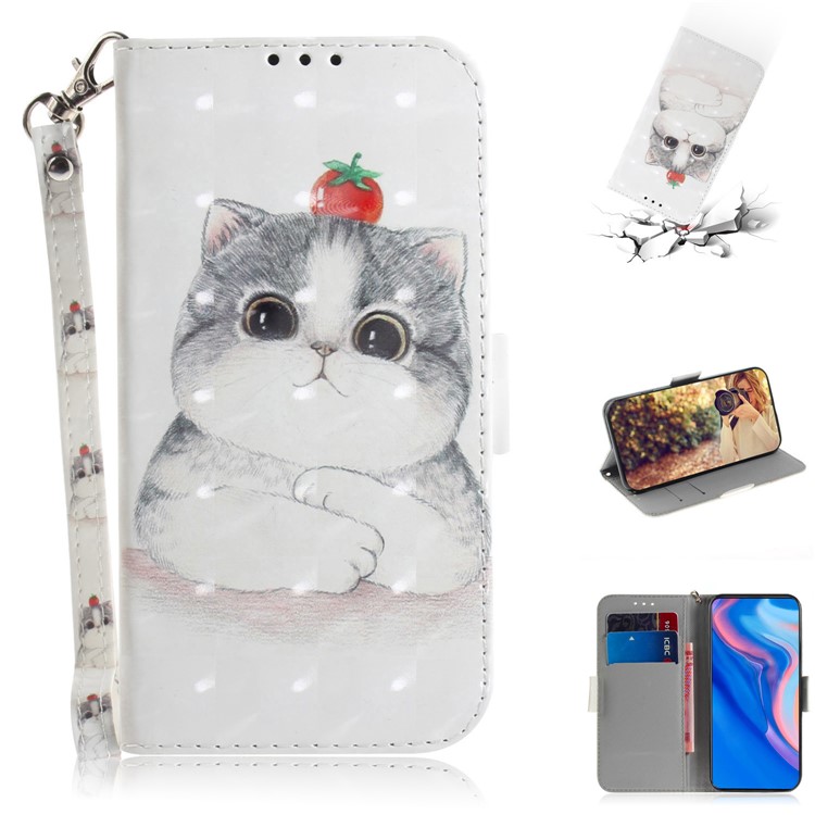 Pattern Printing Light Spot Decor Leather Wallet Case for Huawei P Smart Z - Cat Holding a Tomato-1