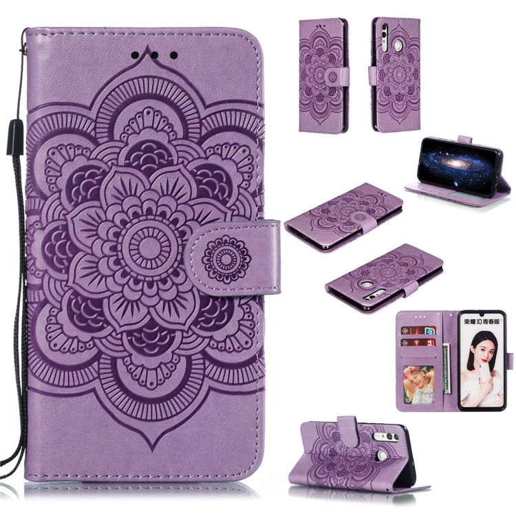 Imprint Mandala Flower Stand Carteira Caso De Couro Para Huawei P Inteligente Plus 2019 / Desfrute De 9s / Maimang 8 / Honra 10i / Honra 20i / Honor 20 Lite / Nova 4 Lite - Roxo