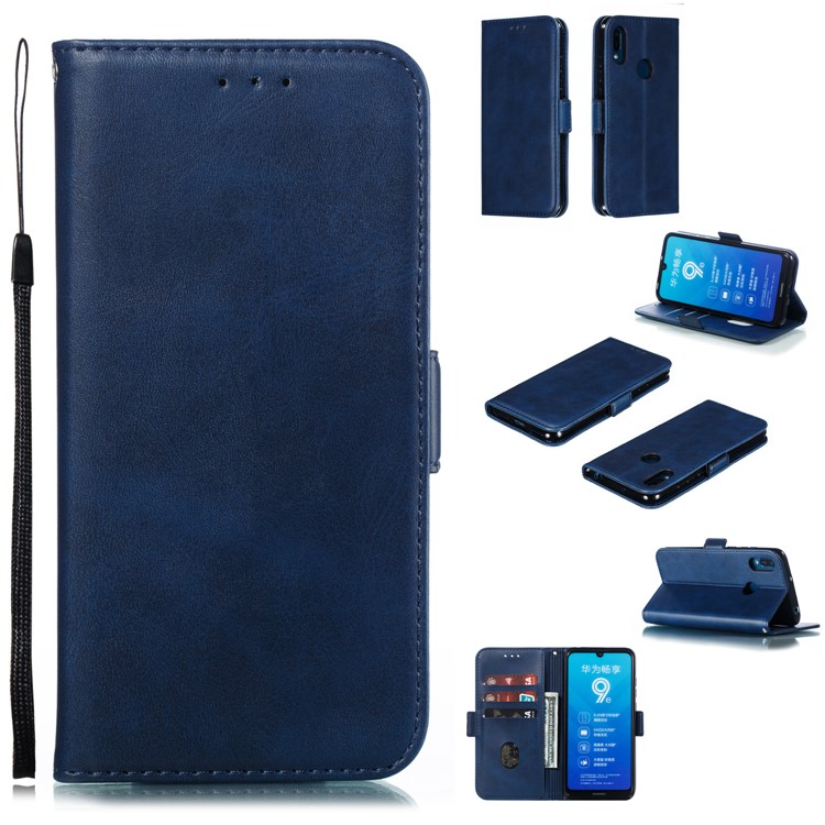 PU Leather Stand Wallet Case for Huawei Y6 (2019, with Fingerprint Sensor) / Y6 Prime (2019) - Dark Blue-1