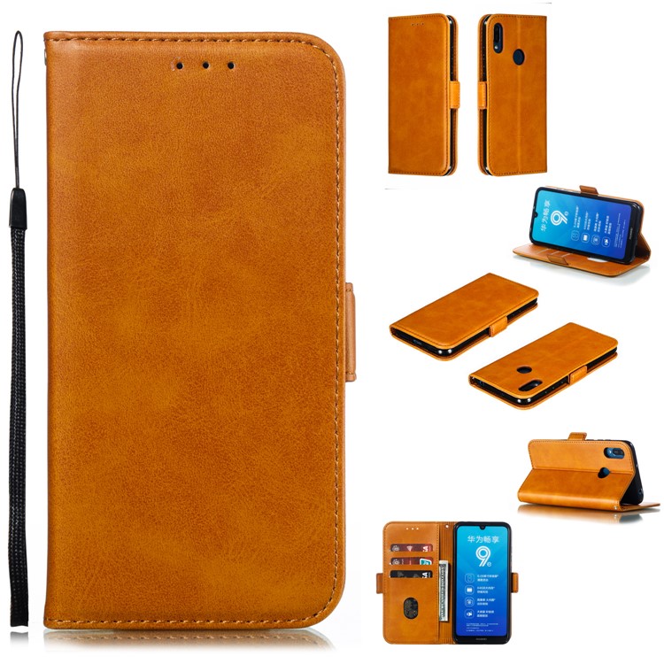 PU Leather Stand Wallet Case for Huawei Y6 (2019, with Fingerprint Sensor) / Y6 Prime (2019) - Brown-1