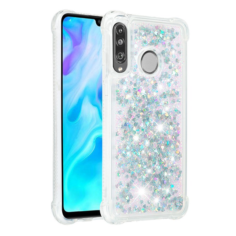 Liquid Glitter Powder Patterned Quicksand Shockproof TPU Back Case for Huawei P30 Lite / nova 4e - Silver Love Hearts-3