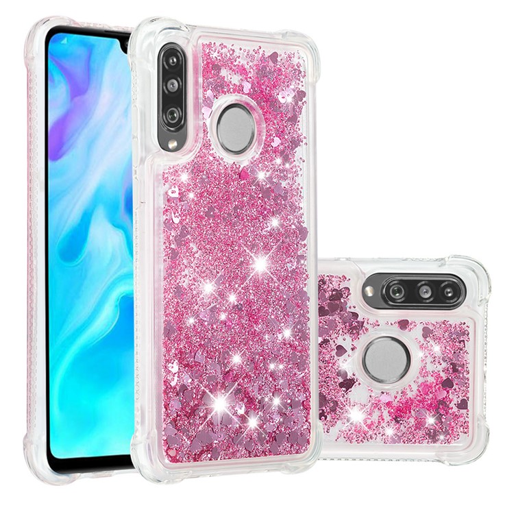 Liquid Glitter Powder Patterned Quicksand Shockproof TPU Back Case for Huawei P30 Lite / nova 4e - Diamond Rose Gold Love Hearts-1
