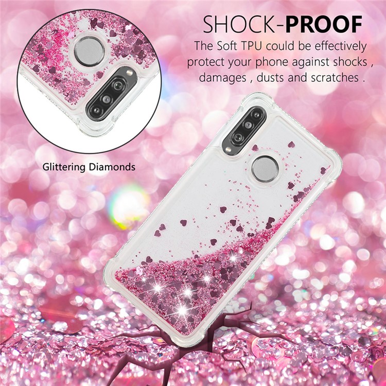 Liquid Glitter Powder Patterned Quicksand Shockproof TPU Back Case for Huawei P30 Lite / nova 4e - Diamond Rose Gold Love Hearts-4