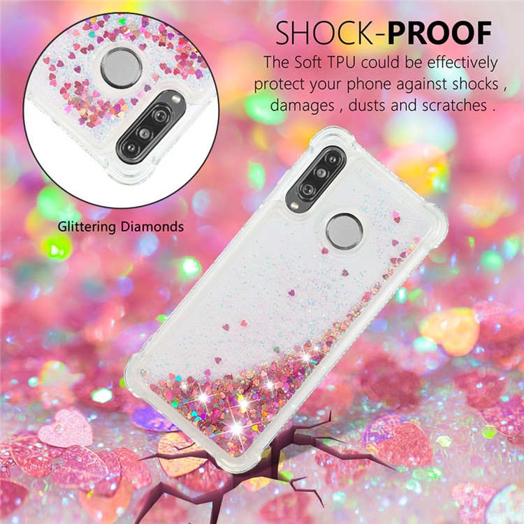 Liquid Glitter Powder Patterned Quicksand Shockproof TPU Back Case for Huawei P30 Lite / nova 4e - Rose Gold Love Hearts-4