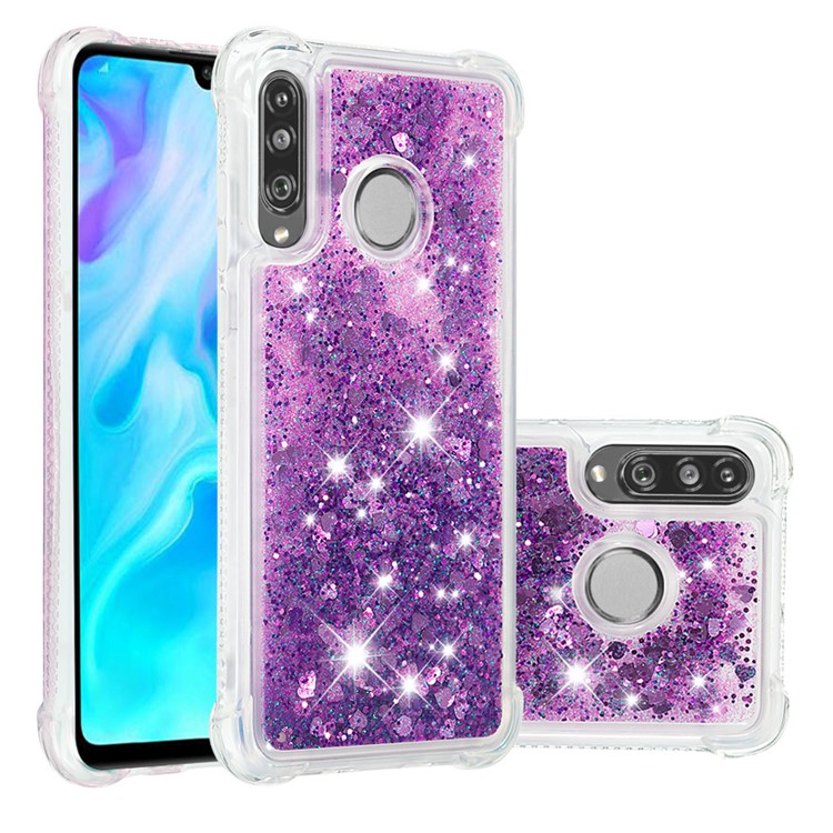 Liquid Glitter Powder Patterned Quicksand Shockproof TPU Back Case for Huawei P30 Lite / nova 4e - Dark Purple Love Hearts-1