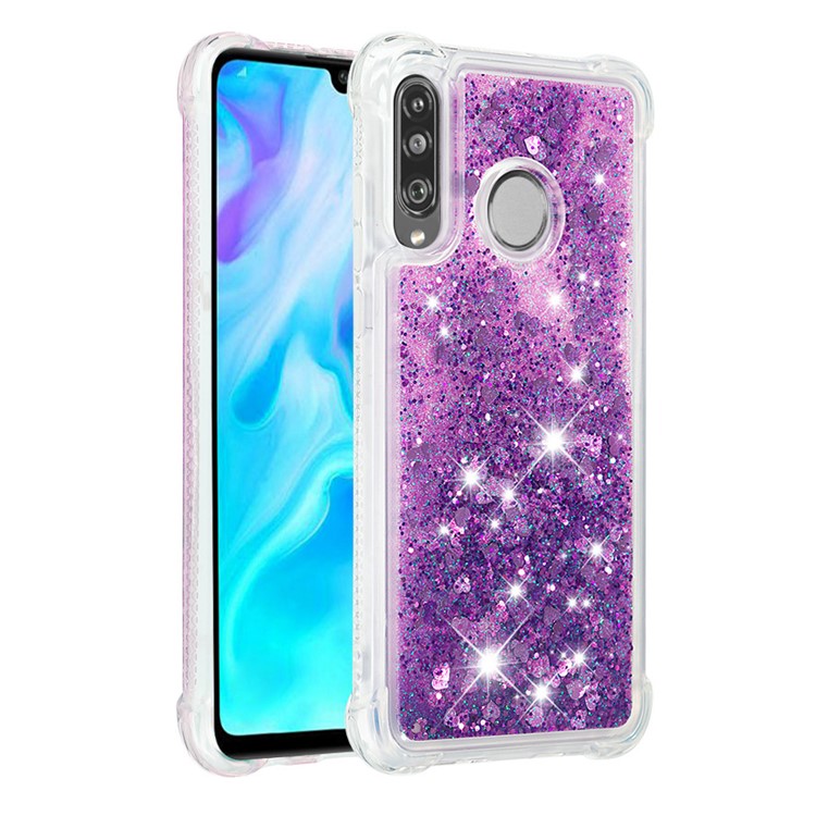 Liquid Glitter Powder Patterned Quicksand Shockproof TPU Back Case for Huawei P30 Lite / nova 4e - Dark Purple Love Hearts-3