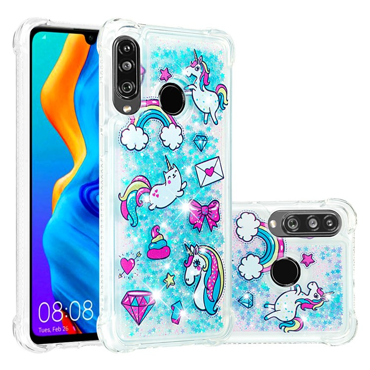 Liquid Glitter Powder Patterned Quicksand Shockproof TPU Back Case for Huawei P30 Lite / nova 4e - Unicorns and Rainbow-1