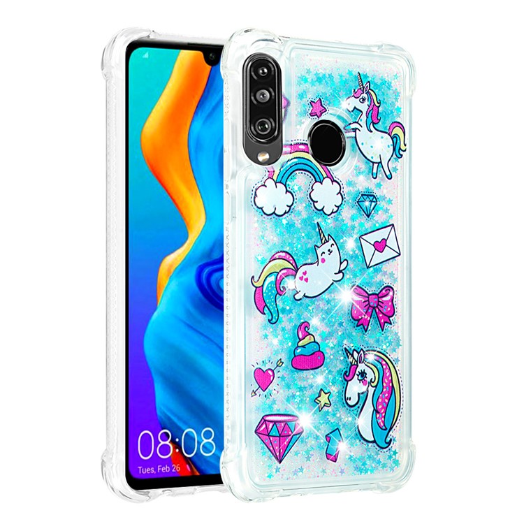 Liquid Glitter Powder Patterned Quicksand Shockproof TPU Back Case for Huawei P30 Lite / nova 4e - Unicorns and Rainbow-3