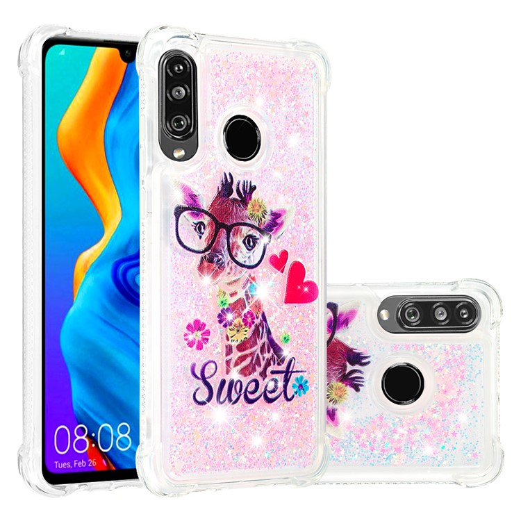 Liquid Glitter Powder Patterned Quicksand Shockproof TPU Back Case for Huawei P30 Lite / nova 4e - Giraffe Wearing Glasses-1