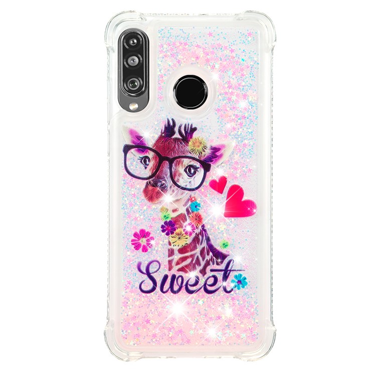 Liquid Glitter Powder Patterned Quicksand Shockproof TPU Back Case for Huawei P30 Lite / nova 4e - Giraffe Wearing Glasses-2