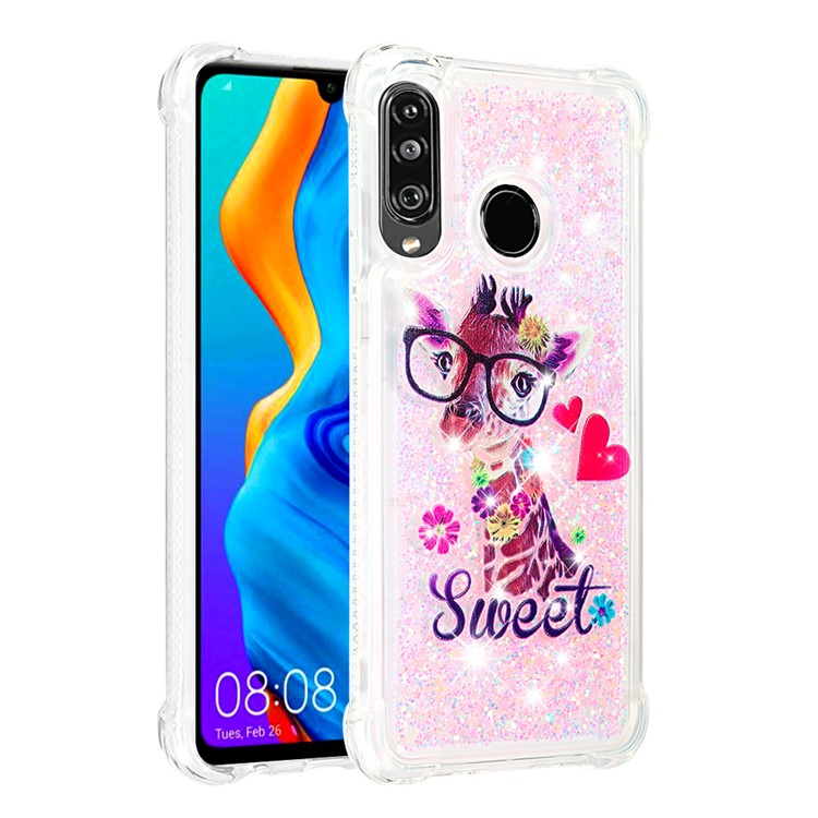 Liquid Glitter Powder Patterned Quicksand Shockproof TPU Back Case for Huawei P30 Lite / nova 4e - Giraffe Wearing Glasses-3