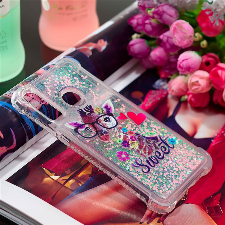 Liquid Glitter Powder Patterned Quicksand Shockproof TPU Back Case for Huawei P30 Lite / nova 4e - Giraffe Wearing Glasses-7