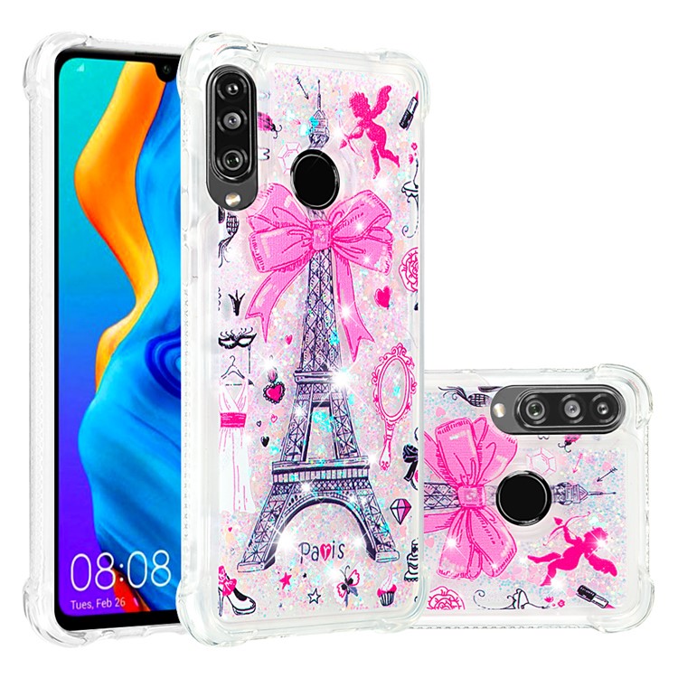 Liquid Glitter Powder Patterned Quicksand Shockproof TPU Back Case for Huawei P30 Lite / nova 4e - Eiffel Tower with Bowknot-1