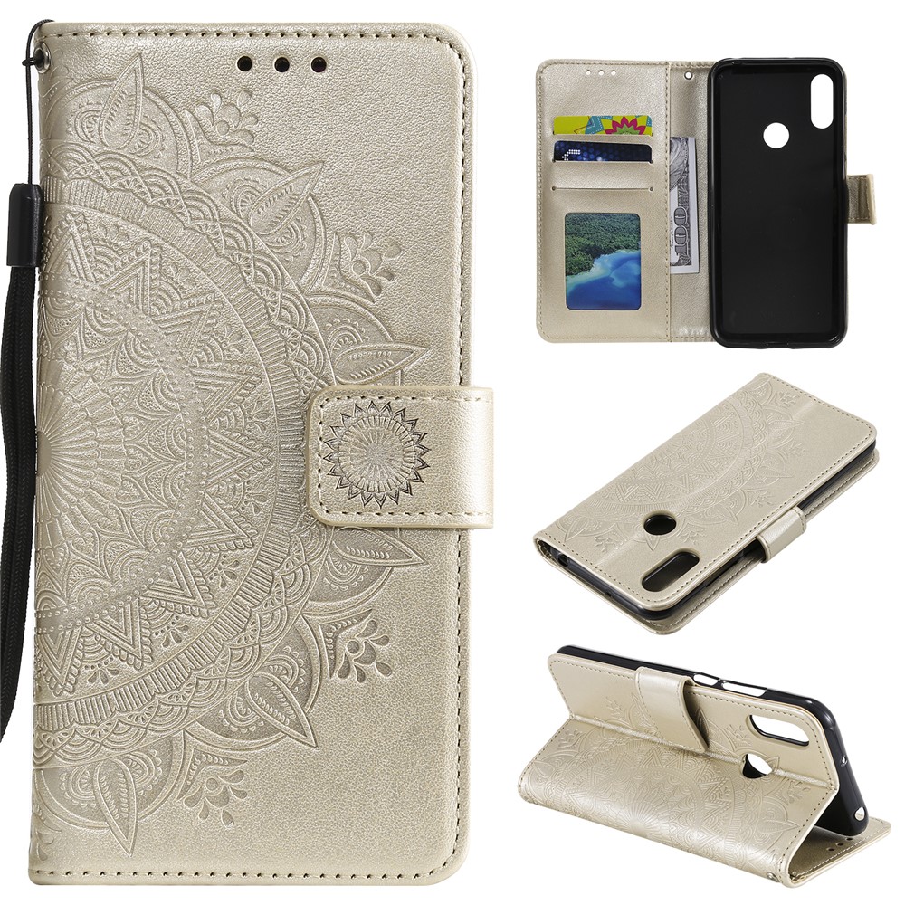 Imprint Mandala Flower Stand Wallet Leather Case for Huawei Y6 (2019, with Fingerprint Sensor) - Beige-1